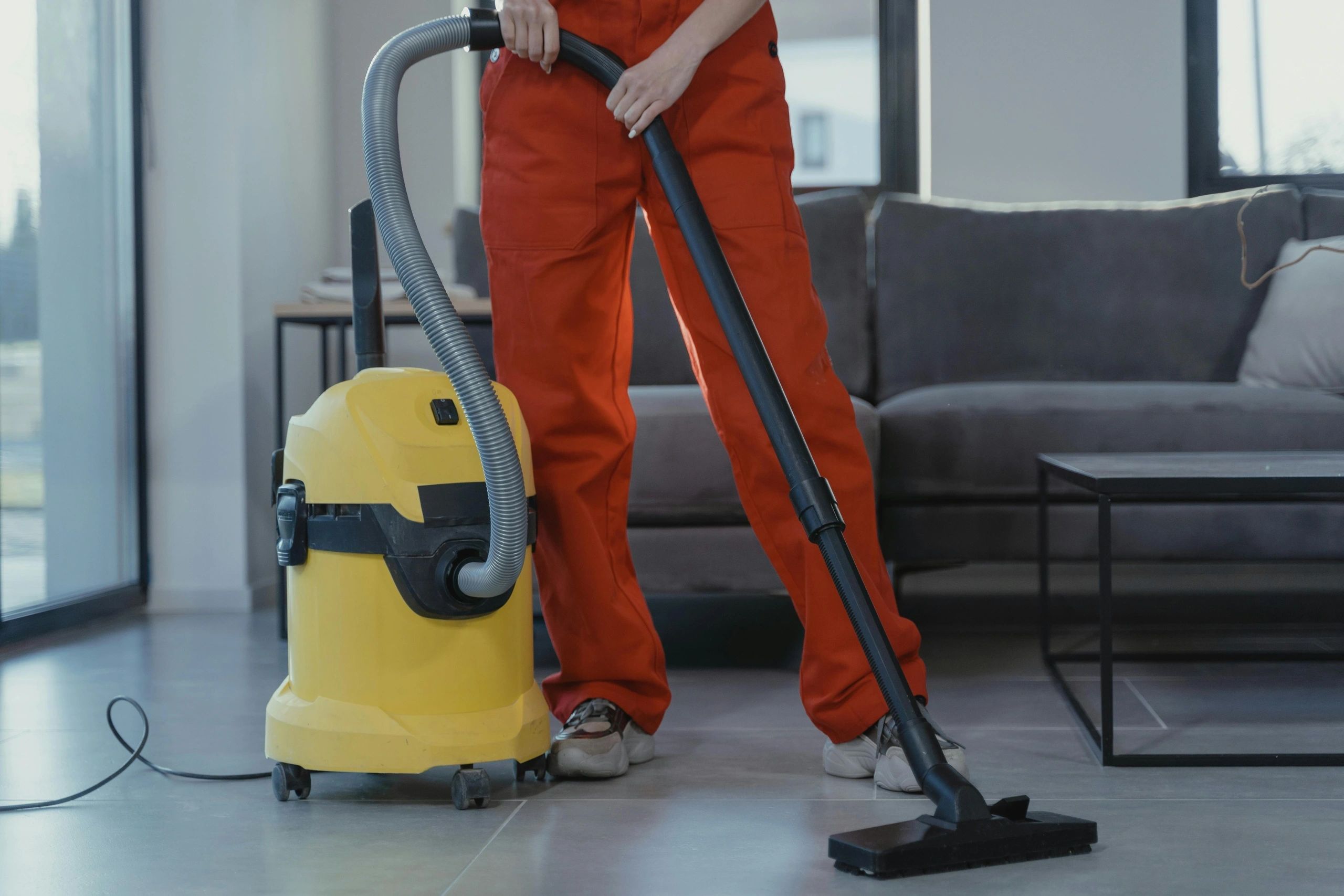 Professional cleaner using vacuum